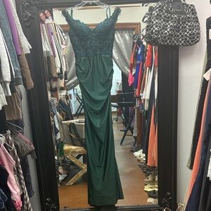 La Femme Dark Green Lace embroidered Dress
